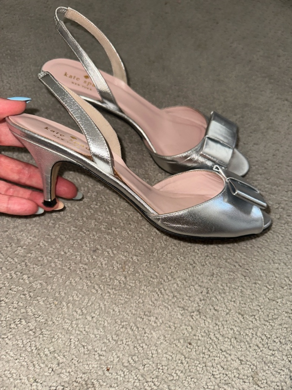Cute! Kate Spade Silver Open-Toe Slingback Heels with Bow